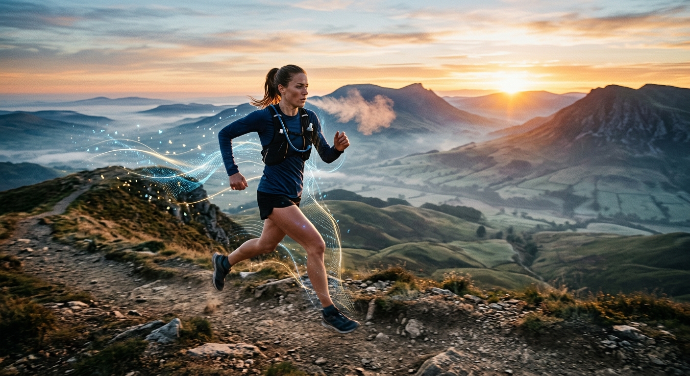 Računanje VO2 Max Skale: Kako Procijeniti i Poboljšati Svoju Kondiciju 1 Žena trči planinskom stazom pri izlasku sunca uz digitalne svjetlosne efekte